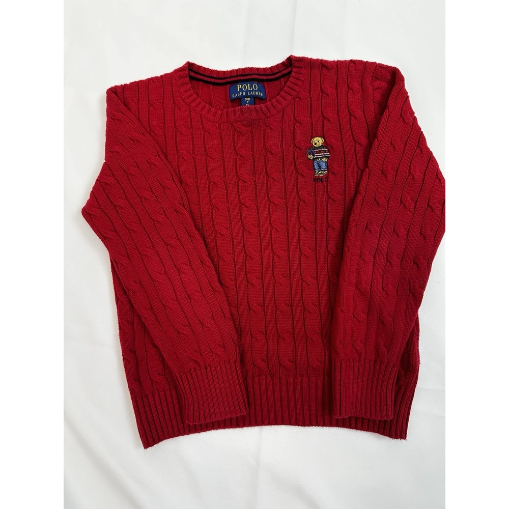 Polo Ralph Lauren Red Cable Knit  Polo Embroidered Bear Sweater Kids Boys Sz 8